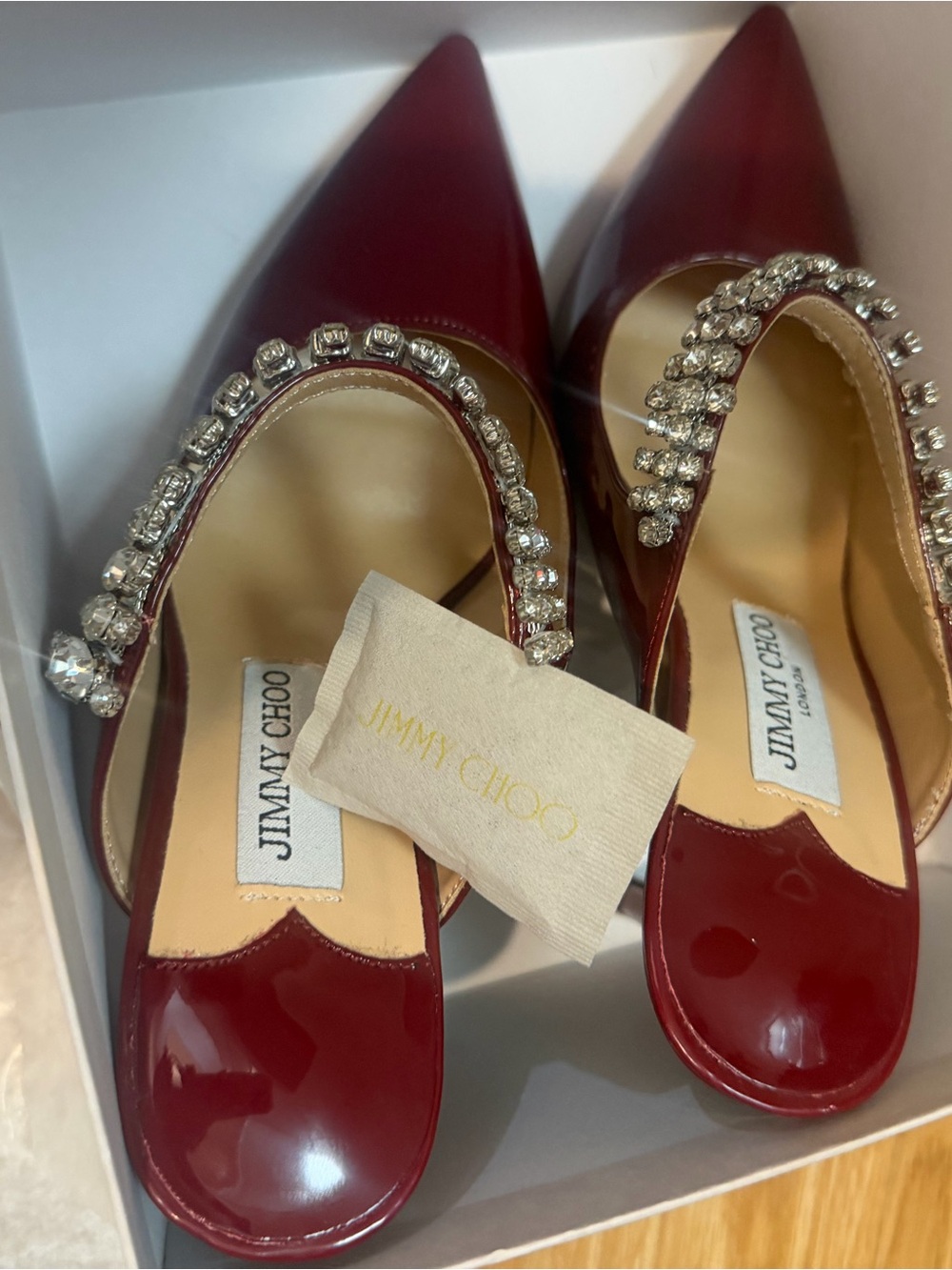 Jimmy Choo Burgundy Patent Crystal-Strap Pointed Mules - Picture 5 of 6